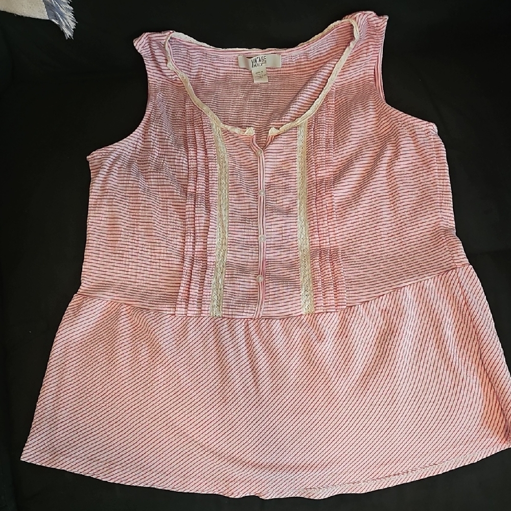 Vintage America Light Red Pin Striped Tank with faux button front Lace Trim, SzM